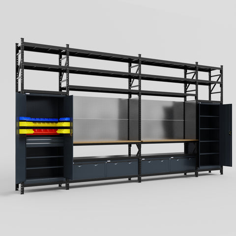 M1221 Modular Work Bench with Shelves - H3100mm x W5700mm | MDF WBT | Dark Grey