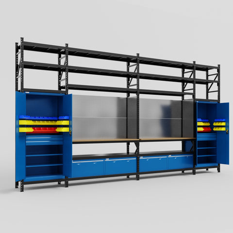 M1221 Modular Work Bench with Shelves - H3100mm x W5700mm | MDF WBT | Blue