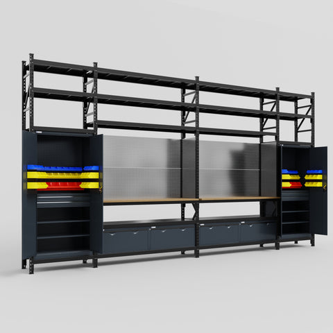 M1221 Modular Work Bench with Shelves - H3100mm x W5700mm | MDF WBT | Dark Grey
