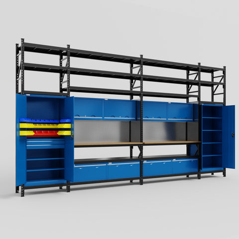 M1221 Modular Work Bench with Shelves - H3100mm x W5700mm | MDF WBT | Blue