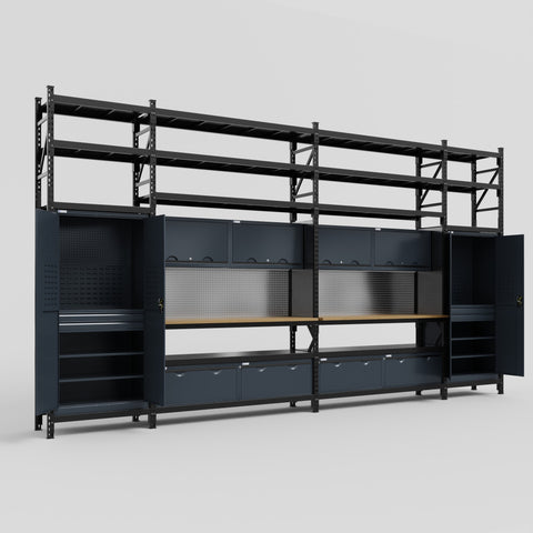 M1221 Modular Work Bench with Shelves - H3100mm x W5700mm | MDF WBT | Dark Grey