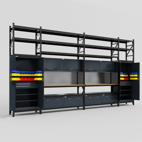 M1221 Modular Work Bench with Shelves - H3100mm x W5700mm | MDF WBT | Dark Grey