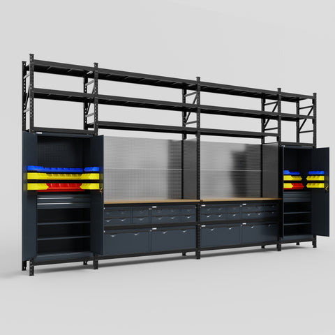 M1221 Modular Work Bench with Shelves - H3100mm x W5700mm | MDF WBT | Dark Grey
