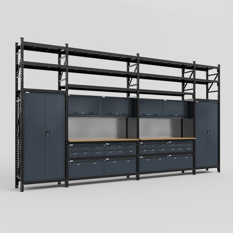 M1221 Modular Work Bench with Shelves - H3100mm x W5700mm | MDF WBT | Dark Grey