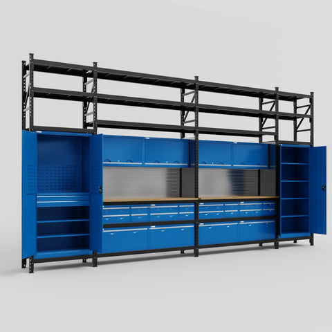 M1221 Modular Work Bench with Shelves - H3100mm x W5700mm | MDF WBT | Blue