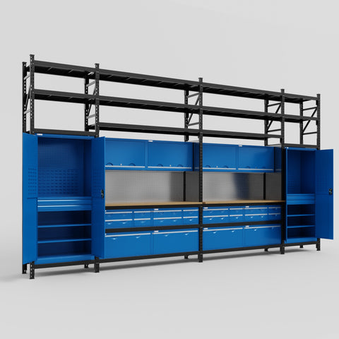M1221 Modular Work Bench with Shelves - H3100mm x W5700mm | MDF WBT | Blue