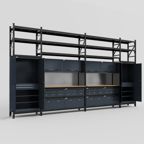 M1221 Modular Work Bench with Shelves - H3100mm x W5700mm | MDF WBT | Dark Grey
