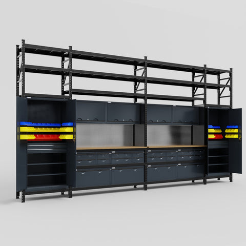 M1221 Modular Work Bench with Shelves - H3100mm x W5700mm | MDF WBT | Dark Grey
