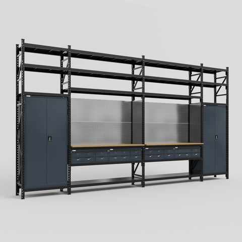 M1221 Modular Work Bench with Shelves - H3100mm x W5700mm | MDF WBT | Dark Grey