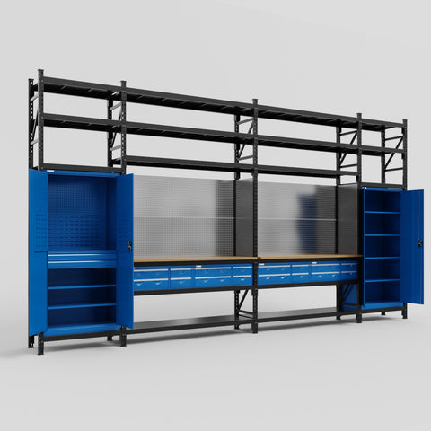 M1221 Modular Work Bench with Shelves - H3100mm x W5700mm | MDF WBT | Blue