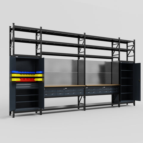 M1221 Modular Work Bench with Shelves - H3100mm x W5700mm | MDF WBT | Dark Grey