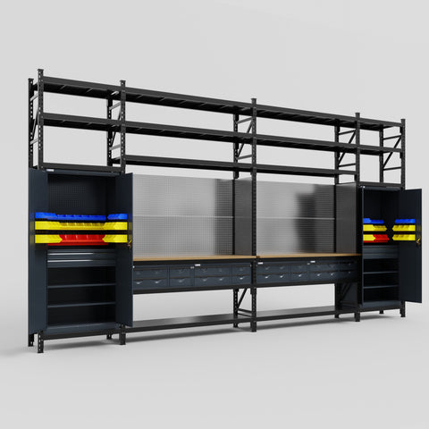 M1221 Modular Work Bench with Shelves - H3100mm x W5700mm | MDF WBT | Dark Grey