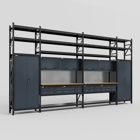 M1221 Modular Work Bench with Shelves - H3100mm x W5700mm | MDF WBT | Dark Grey