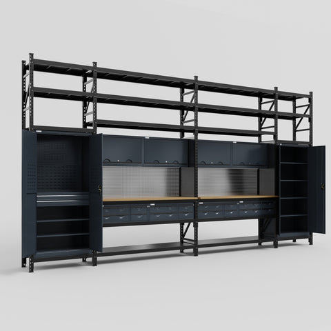 M1221 Modular Work Bench with Shelves - H3100mm x W5700mm | MDF WBT | Dark Grey