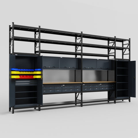 M1221 Modular Work Bench with Shelves - H3100mm x W5700mm | MDF WBT | Dark Grey