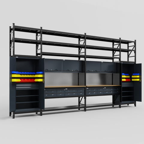M1221 Modular Work Bench with Shelves - H3100mm x W5700mm | MDF WBT | Dark Grey