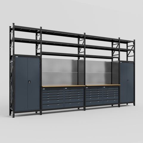 M1221 Modular Work Bench with Shelves - H3100mm x W5700mm | MDF WBT | Dark Grey