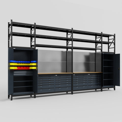 M1221 Modular Work Bench with Shelves - H3100mm x W5700mm | MDF WBT | Dark Grey