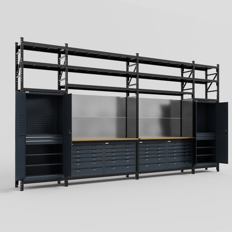 M1221 Modular Work Bench with Shelves - H3100mm x W5700mm | MDF WBT | Dark Grey