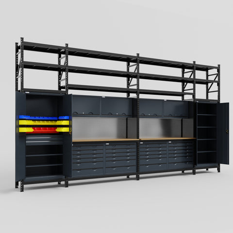 M1221 Modular Work Bench with Shelves - H3100mm x W5700mm | MDF WBT | Dark Grey