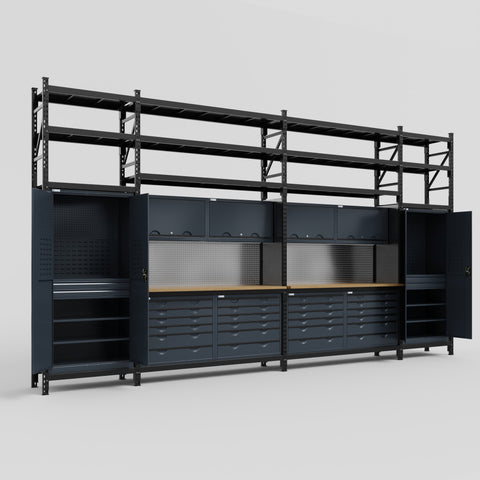 M1221 Modular Work Bench with Shelves - H3100mm x W5700mm | MDF WBT | Dark Grey