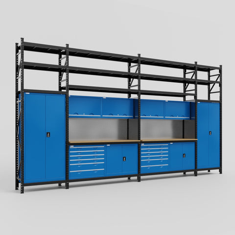 M1221-3S Modular Work Bench with Shelves - H3100mm x W5700mm | MDF WBT | Blue