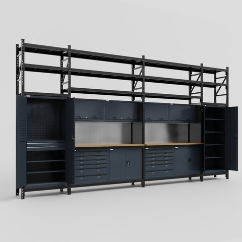 M1221-3S Modular Work Bench with Shelves - H3100mm x W5700mm | MDF WBT | Dark Grey