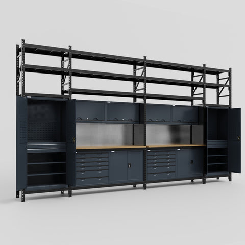 M1221-3S Modular Work Bench with Shelves - H3100mm x W5700mm | MDF WBT | Dark Grey