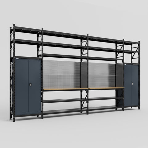 M1221 Modular Work Bench with Shelves - H3100mm x W5700mm | MDF WBT | Dark Grey