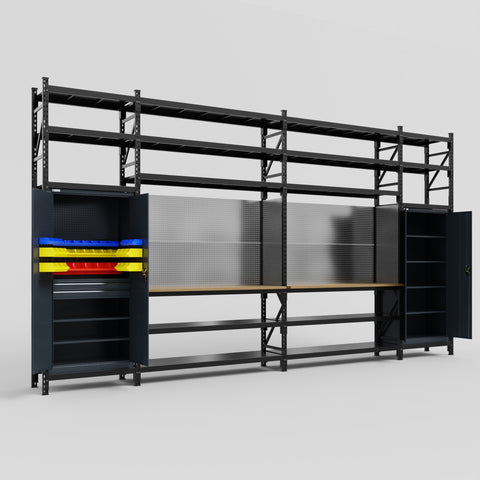 M1221 Modular Work Bench with Shelves - H3100mm x W5700mm | MDF WBT | Dark Grey