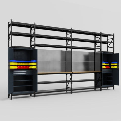 M1221 Modular Work Bench with Shelves - H3100mm x W5700mm | MDF WBT | Dark Grey
