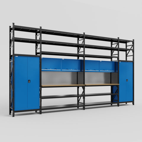 M1221 Modular Work Bench with Shelves - H3100mm x W5700mm | MDF WBT | Blue