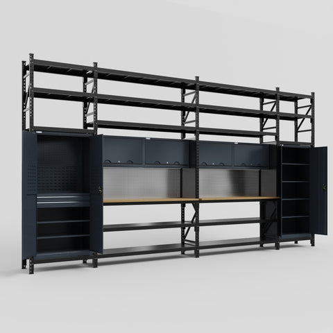 M1221 Modular Work Bench with Shelves - H3100mm x W5700mm | MDF WBT | Dark Grey