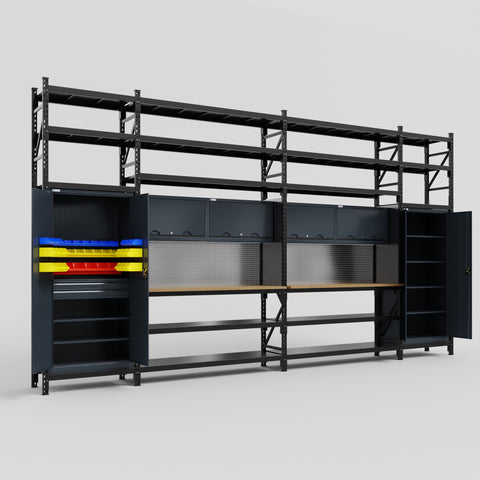 M1221 Modular Work Bench with Shelves - H3100mm x W5700mm | MDF WBT | Dark Grey