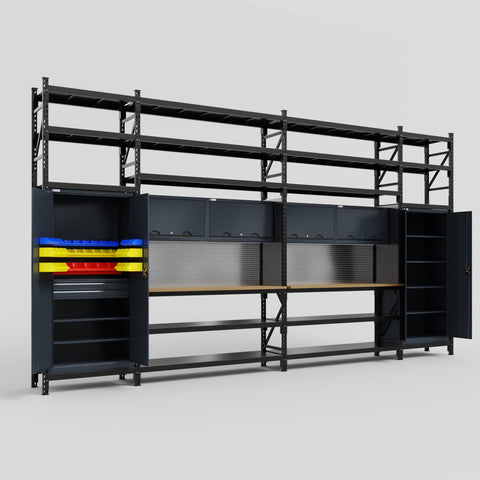 M1221 Modular Work Bench with Shelves - H3100mm x W5700mm | MDF WBT | Dark Grey