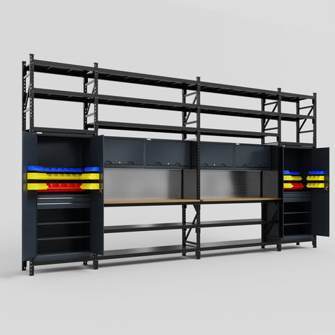 M1221 Modular Work Bench with Shelves - H3100mm x W5700mm | MDF WBT | Dark Grey