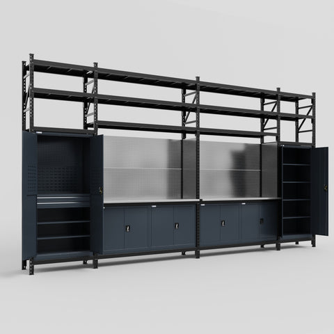 M1221 Modular Work Bench with Shelves - H3100mm x W5700mm | Stainless WBT | Dark Grey