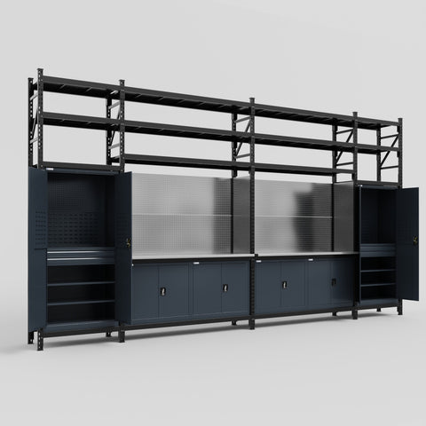 M1221 Modular Work Bench with Shelves - H3100mm x W5700mm | Stainless WBT | Dark Grey