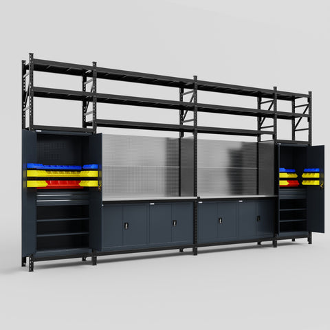 M1221 Modular Work Bench with Shelves - H3100mm x W5700mm | Stainless WBT | Dark Grey