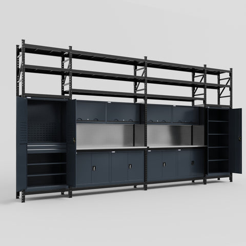 M1221 Modular Work Bench with Shelves - H3100mm x W5700mm | Stainless WBT | Dark Grey