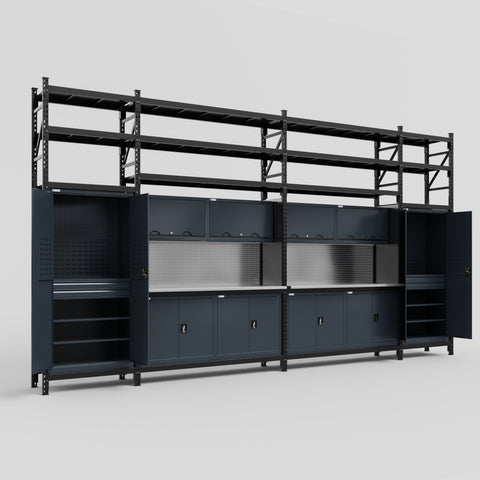 M1221 Modular Work Bench with Shelves - H3100mm x W5700mm | Stainless WBT | Dark Grey