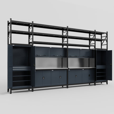 M1221 Modular Work Bench with Shelves - H3100mm x W5700mm | Stainless WBT | Dark Grey