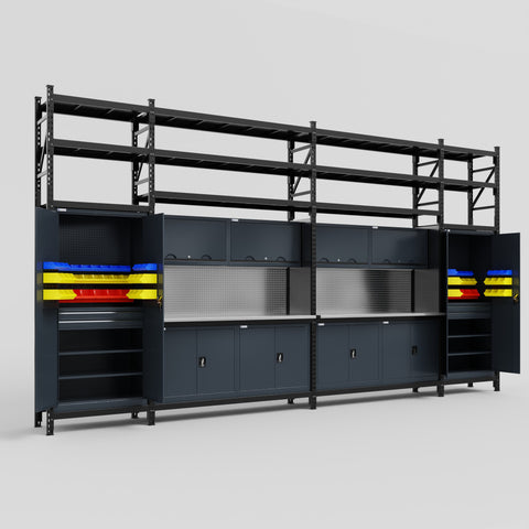 M1221 Modular Work Bench with Shelves - H3100mm x W5700mm | Stainless WBT | Dark Grey