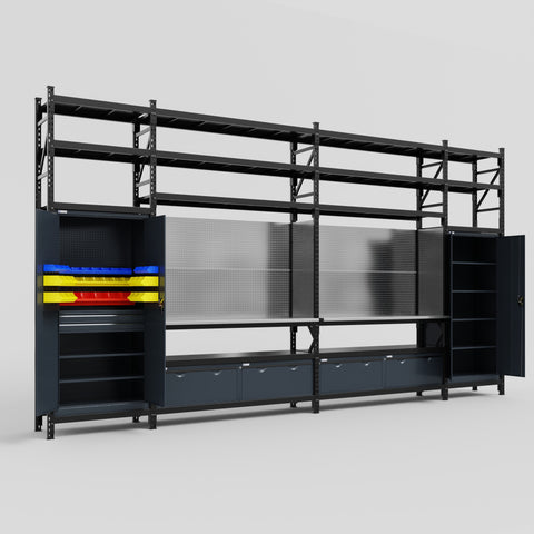 M1221 Modular Work Bench with Shelves - H3100mm x W5700mm | Stainless WBT | Dark Grey