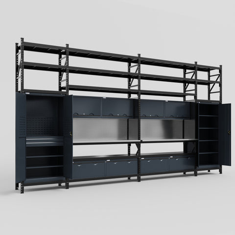 M1221 Modular Work Bench with Shelves - H3100mm x W5700mm | Stainless WBT | Dark Grey