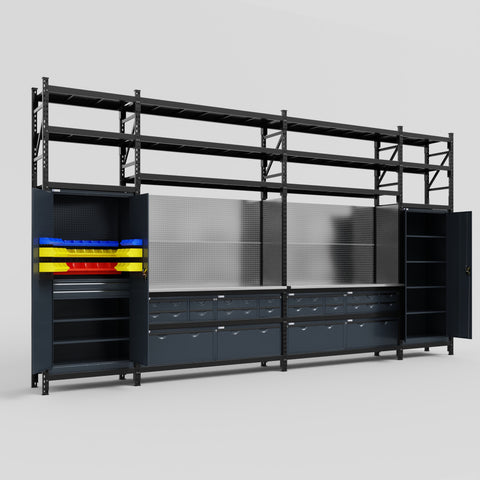 M1221 Modular Work Bench with Shelves - H3100mm x W5700mm | Stainless WBT | Dark Grey
