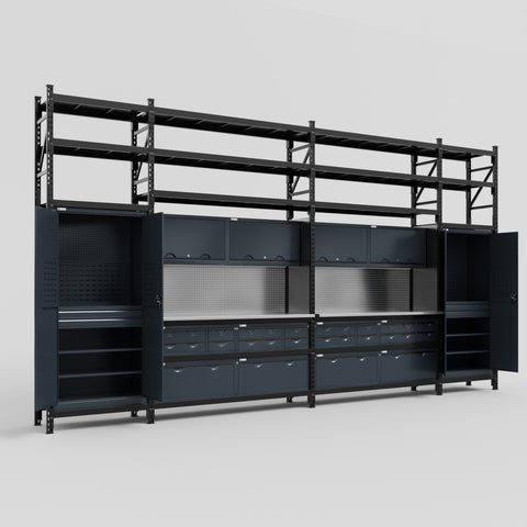 M1221 Modular Work Bench with Shelves - H3100mm x W5700mm | Stainless WBT | Dark Grey