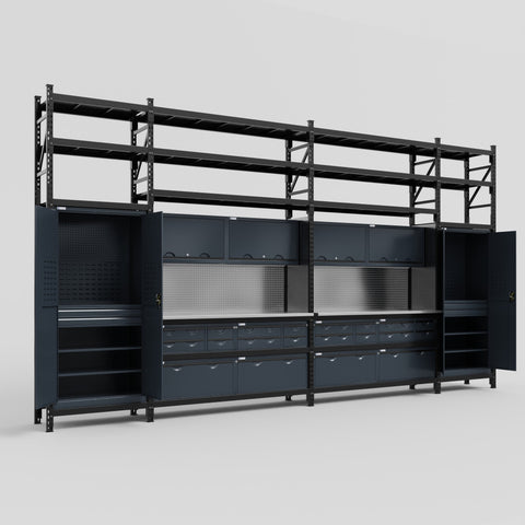 M1221 Modular Work Bench with Shelves - H3100mm x W5700mm | Stainless WBT | Dark Grey
