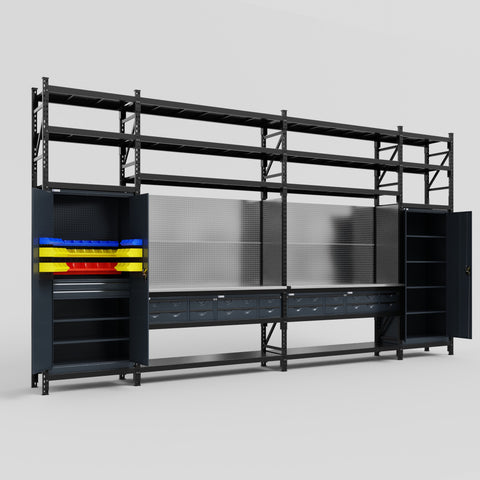 M1221 Modular Work Bench with Shelves - H3100mm x W5700mm | Stainless WBT | Dark Grey