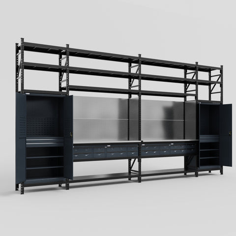 M1221 Modular Work Bench with Shelves - H3100mm x W5700mm | Stainless WBT | Dark Grey